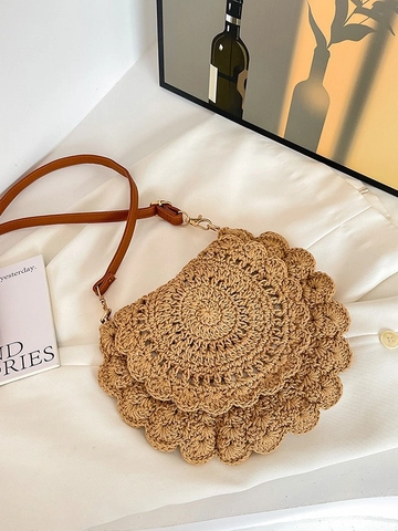 Damen Gewebte Umhängetasche Mit Muschelsaum Handgehäkelte Ajour Schultertasche Urlaubs Strohtasche Mit Verstellbarem PU Gurt
