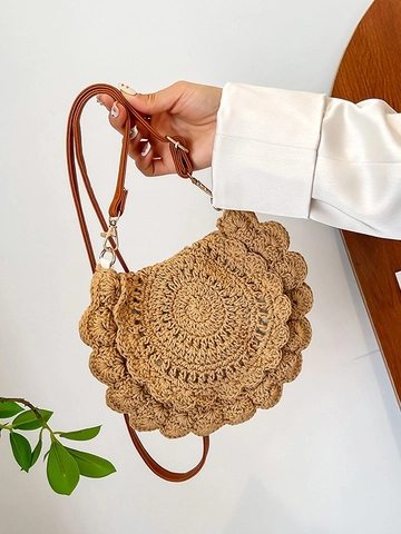 Damen Gewebte Umhängetasche Mit Muschelsaum Handgehäkelte Ajour Schultertasche Urlaubs Strohtasche Mit Verstellbarem PU Gurt