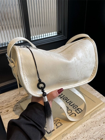 Sac bandoulière femme en cuir PU style chinois avec pompon et gaufrage végétal Sac à épaule tendance pour le quotidien
