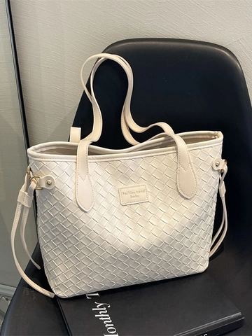 Bolso Tote de Cuero PU Tejido de Gran Capacidad Para Mujer Moda Simple Bolso de Hombro Para El Trabajo Diario Bolso de Mano Elegante Con Patrón de Cuadrícula
