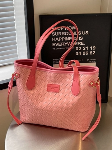 Bolso Tote de Cuero PU Tejido de Gran Capacidad Para Mujer Moda Simple Bolso de Hombro Para El Trabajo Diario Bolso de Mano Elegante Con Patrón de Cuadrícula