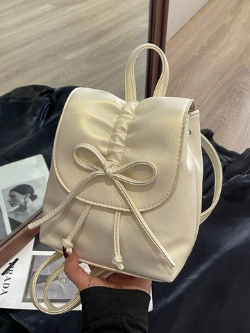 Sac à Dos Mini Femme Plissé Style Balletcore Nœud Papillon Cordon de Serrage Cuir PU Métallisé Mode Doux Cartable Voyage