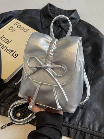 Sac à Dos Mini Femme Plissé Style Balletcore Nœud Papillon Cordon de Serrage Cuir PU Métallisé Mode Doux Cartable Voyage