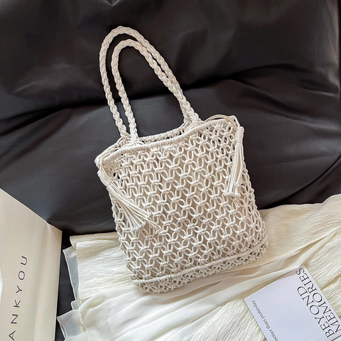 Damen Bohemian Handgefertigte Macramé Tragetasche Sommer Strand Urlaub Schultertasche Mit Quasten Und Kordelzug Innentasche