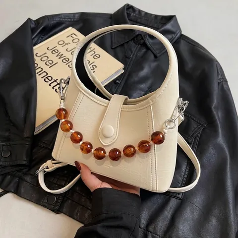 Damen PU Leder Perlenkette Handtasche Geraffte Umhängetasche Für Den Täglichen Arbeitsweg Vielseitige Damen Schicke Knödel Tasche
