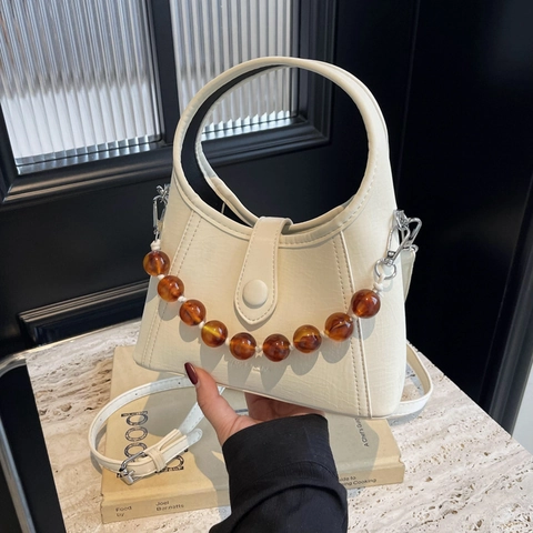 Damen PU Leder Perlenkette Handtasche Geraffte Umhängetasche Für Den Täglichen Arbeitsweg Vielseitige Damen Schicke Knödel Tasche