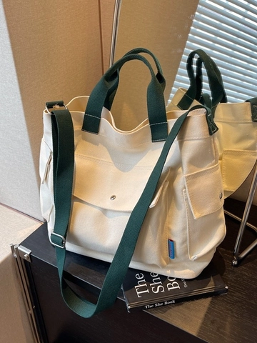 Large Capacity Canvas Tote Bag For Women Minimalist Multi Pocket Crossbody Handheld Shoulder Bag For Work Travel Daily Use