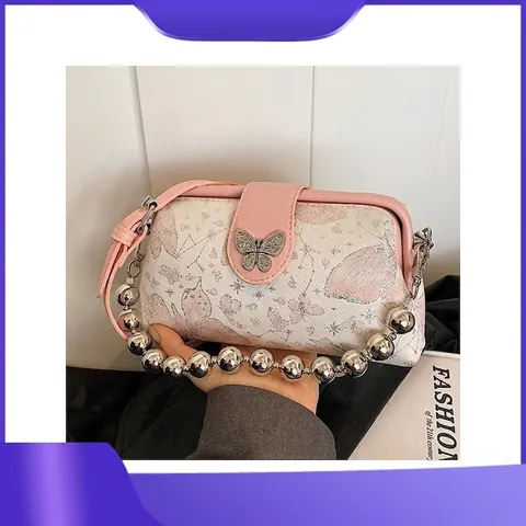 Retro Schmetterling Stickerei Umhängetasche Für Damen Satin PU Handtasche Mit Metall Schmetterlingsschnalle Perlenkette Schultertasche