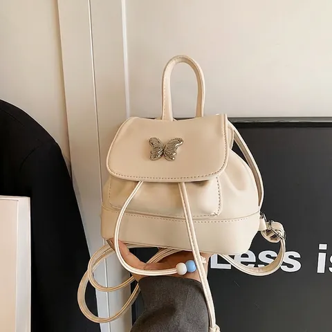 Women Fashion Mini Backpack PU Leather Butterfly Metal Lock Drawstring Small Shoulder Bag Sweet Style Niche Design Backpack