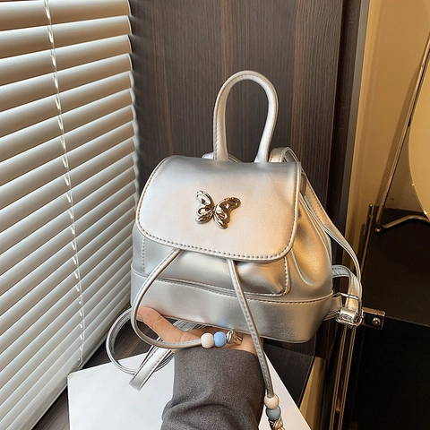 Women Fashion Mini Backpack PU Leather Butterfly Metal Lock Drawstring Small Shoulder Bag Sweet Style Niche Design Backpack