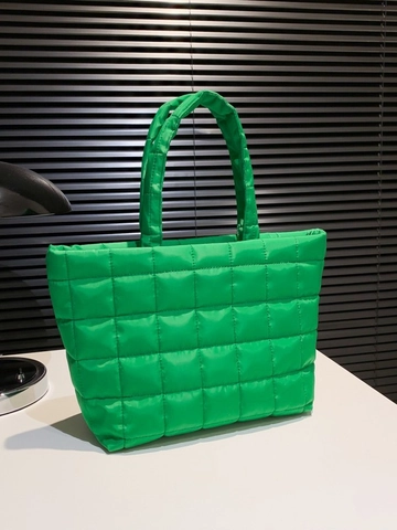 Women's Solid Color Quilted Tote Bag Large Capacity Padded Handbag Lightweight Cotton Grid Shopper Bag For Daily Work