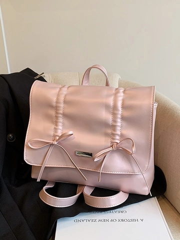 Sac à Dos Femme Style Coréen avec Nœuds et Plis Tendance en Cuir PU Brillant Petit Sac à Dos Doux Sac d'École de Mode