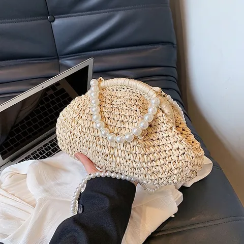 Sommer Stroh Webte Muscheltasche Künstliche Perle Griff Schultergurt Französisch Retro Umhängetasche Handtasche Für Damen Urlaub Strand Reise