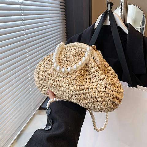 Sommer Stroh Webte Muscheltasche Künstliche Perle Griff Schultergurt Französisch Retro Umhängetasche Handtasche Für Damen Urlaub Strand Reise