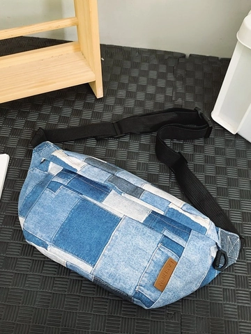 Bolso de Pecho de Mezclilla Casual Patchwork para Mujer Hombre Bolso Bandolera Vintage Color Block Riñonera Gran Capacidad Correa Ajustable Bolso de Viaje