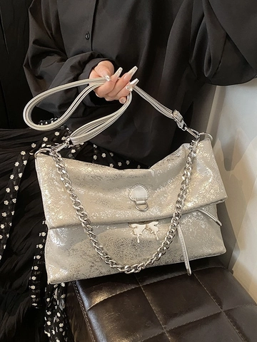 Damen Große Kapazität PU Leder Tasche Mit Metall Schmetterling Silber Kette Vielseitige Schulter Umhängetasche Rucksack
