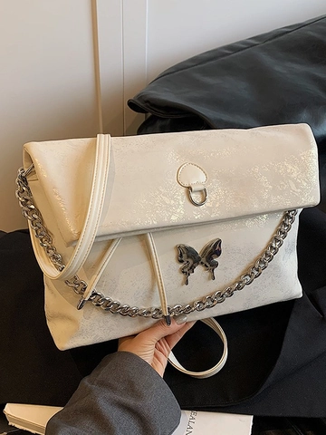 Damen Große Kapazität PU Leder Tasche Mit Metall Schmetterling Silber Kette Vielseitige Schulter Umhängetasche Rucksack