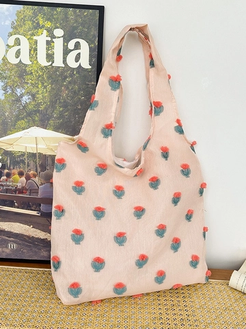 Bolso Tote de Lona de Gran Capacidad para Mujer Con Bordado Floral 3D Lindo Bolso de Hombro Fresco para Compras Diarias