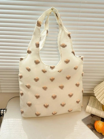 Bolso Tote de Lona de Gran Capacidad para Mujer Con Bordado Floral 3D Lindo Bolso de Hombro Fresco para Compras Diarias