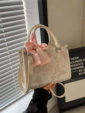Bolso Tote de Moda para Mujer Bordado de Mariposa Con Pañuelo de Satén Lazo Pequeño Bolso de Mano de Cuero PU de Hombro
