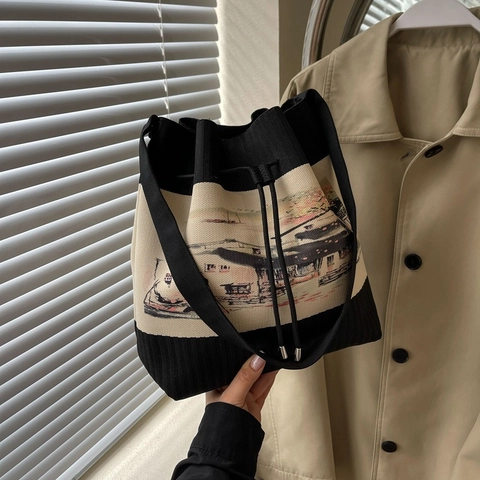 Women Knit Bucket Bag Contrast Color Drawstring Shoulder Bag With Oriental Landscape Nautical Cat Print Casual Crossbody Bag