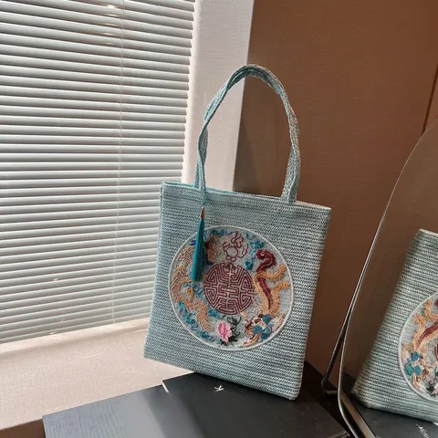 Bolso Tote de Paja Tejida Estilo Chino Gran Capacidad Bolso de Hombro Bordado Borla Para Mujer Étnico Vintage Bolso