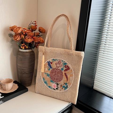 Bolso Tote de Paja Tejida Estilo Chino Gran Capacidad Bolso de Hombro Bordado Borla Para Mujer Étnico Vintage Bolso
