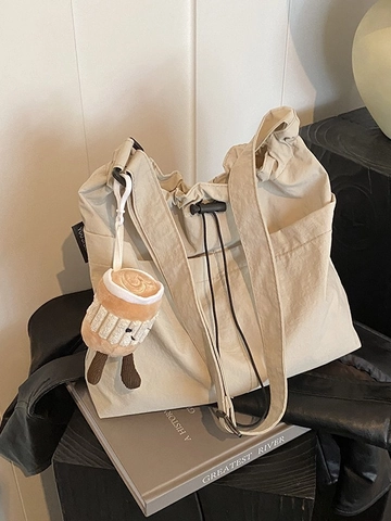 Borsa Tote a Coulisse di Grande Capacità per Donna Borsa a Spalla Casual da Pendolare in Tessuto di Nylon Con Pendente in Peluche