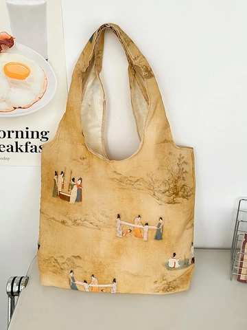 Borsa Tote in Tela Stile Cinese per Donna Grande Capacità Borsa a Spalla Vintage Artistica con Stampa Floreale e Paesaggio