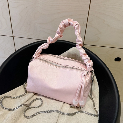 Bolso Bandolera para Mujer de Cuero PU con Asa Fruncida Bolso de Mano Cuadrado Pequeño con Relieve de Moda Con Cadena de Plata Y Doble Cremallera