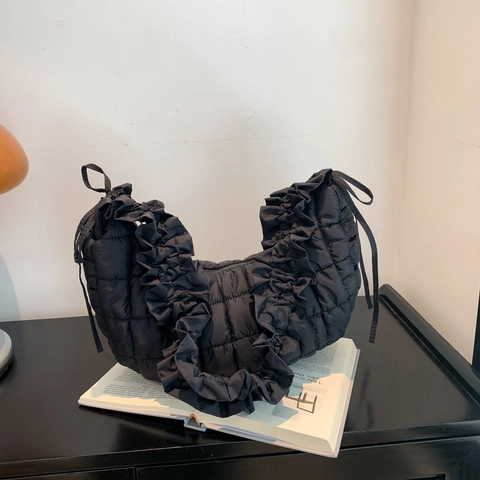Fashionable Cotton Quilted Ruffle Shoulder Bag For Women Trendy Soft Grid Hobo Bag With Bowknot Daily Casual Dumpling Bag Crossbody Underarm Bag