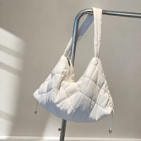 Large Quilted Cotton Shoulder Bag For Women Rhombic Grid Hobo Bag With Drawstring Side Detail Solid Color Fashion Tote Bag Daily Street Handbag
