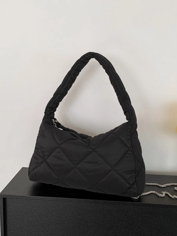 Women Quilted Puffer Shoulder Bag Rhombic Pattern Underarm Bag With Chain Strap Nylon Padding Bread Bag Casual Tote