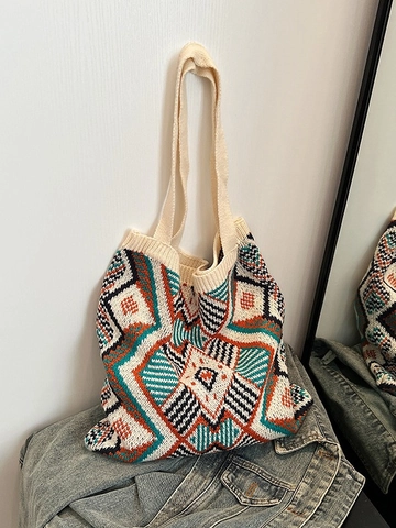 Borsa Tote in Maglia Bohemien Vintage Motivo Geometrico Etnico Grande Capacità Donna Casual Borsa a Spalla Sottobraccio