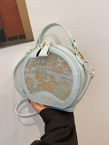 Damen Runde Umhängetasche Vintage Chinesischer Stil PU Leder Stickerei Blumen Schmetterling Elegante Handtasche Schultertasche
