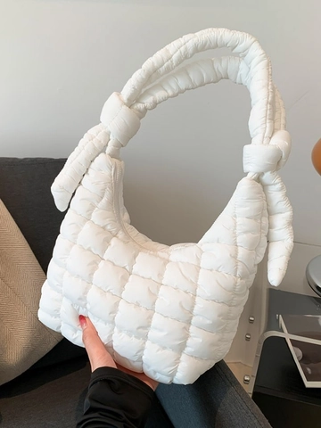 Trendy Women Quilted Puffy Shoulder Bag Soft Cotton Padded Underarm Bag With Knot Strap Casual Crossbody Hobo Bag