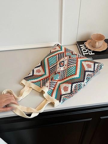 Borsa Tote in Maglia Bohemien Vintage Motivo Geometrico Etnico Grande Capacità Donna Casual Borsa a Spalla Sottobraccio