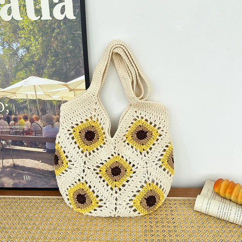 Sac Fourre-Tout Femme au Crochet Fait Main Tournesol Bohème Été Plage Sac à Épaule Grande Capacité Tricoté Décontracté