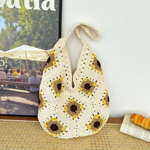 Sac Fourre-Tout Femme au Crochet Fait Main Tournesol Bohème Été Plage Sac à Épaule Grande Capacité Tricoté Décontracté