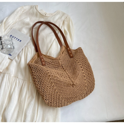 Bolso Tote de Paja Tejida para Mujer Bolso de Hombro Bohemio Trendy Gran Capacidad Bolso de Playa de Verano Con Asas de Cuero