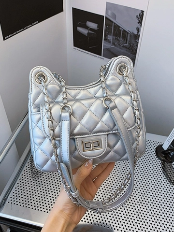 Borsa a Tracolla Trapuntata da Donna in Pelle PU a Rombi con Catena e Chiusura a Girello in Metallo Stile Metropolitano