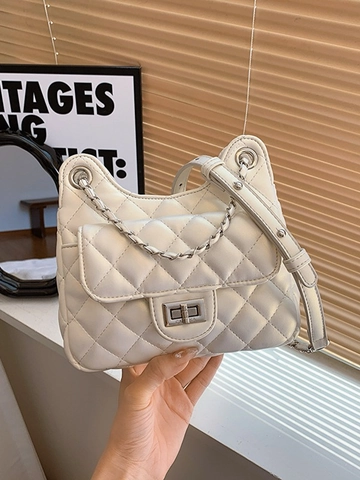 Borsa a Tracolla Trapuntata da Donna in Pelle PU a Rombi con Catena e Chiusura a Girello in Metallo Stile Metropolitano