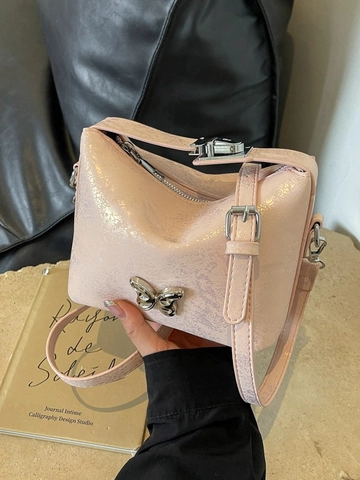 Women Fashion Butterfly PU Leather Crossbody Bag Metallic Crack Texture Small Square Handbag With Single Adjustable Strap