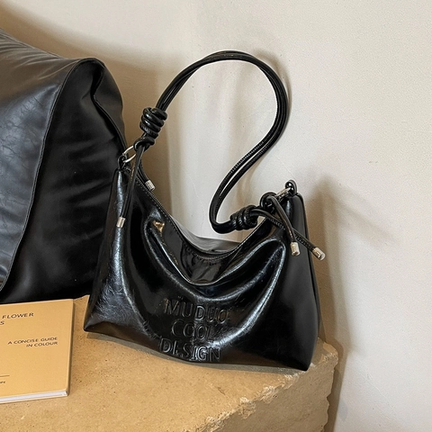 Korean Fashion PU Leather Underarm Bag For Women Large Capacity Letter Embossed Shoulder Bag With Unique Knot Strap