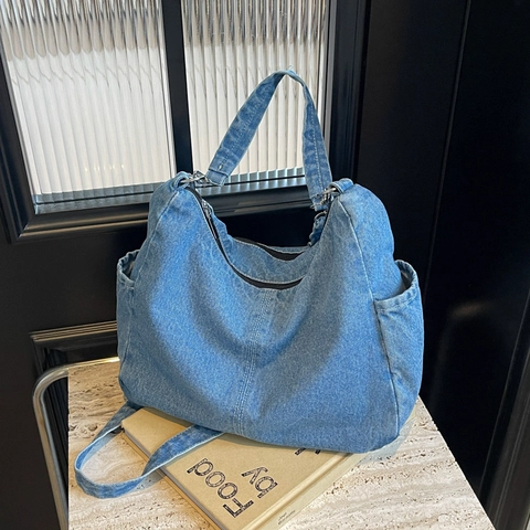 Sac Hobo en Denim Vintage Grande Capacité pour Femmes Décontracté Multi Poche Sac Bandoulière Sangle Réglable Sac à Main en Denim Rétro