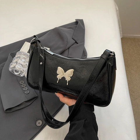 Borsa Sottobraccio in Pelle PU Nera Argento Olografico Estetica Y2K Con Farfalla in Metallo Piccola Borsa a Tracolla Quadrata per Donna