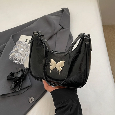 Borsa Sottobraccio in Pelle PU Nera Argento Olografico Estetica Y2K Con Farfalla in Metallo Piccola Borsa a Tracolla Quadrata per Donna