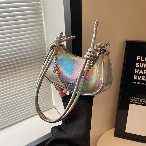 Women Metallic Holographic Shoulder Bag PU Leather Knotted Strap Artificial Pearl Chain Underarm Hobo Dumpling Crossbody Bag Jewelry Decor