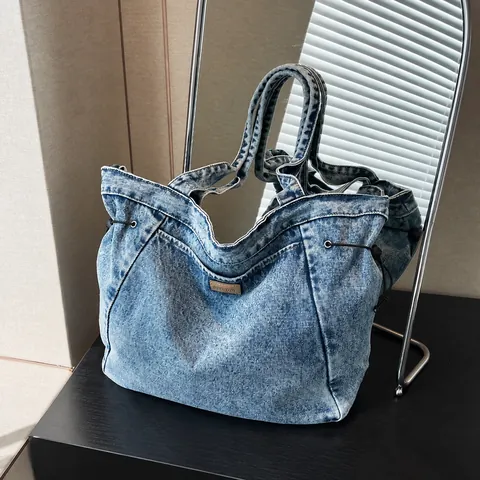 Damen Gewaschene Denim Tote Tasche Große Kapazität Kordelzug Schultertasche Lässig Vintage Handtasche Für Pendeln Schule Alltag