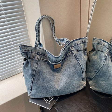 Damen Gewaschene Denim Tote Tasche Große Kapazität Kordelzug Schultertasche Lässig Vintage Handtasche Für Pendeln Schule Alltag